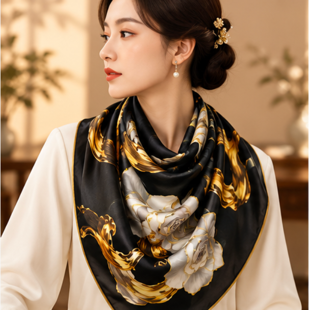 "Golden Night" Silk Scarf · 100% Mulberry Silk · 110 × 110 cm