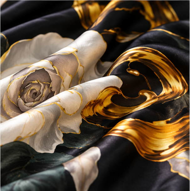 "Golden Night" Silk Scarf · 100% Mulberry Silk · 110 × 110 cm