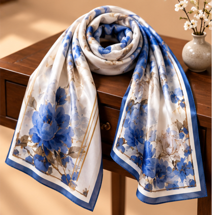 Pañuelo de Seda “Flores de Porcelana” · 100% Seda de Morera · 110 × 110 cm