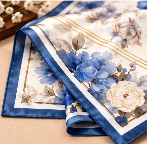 Pañuelo de Seda “Flores de Porcelana” · 100% Seda de Morera · 110 × 110 cm