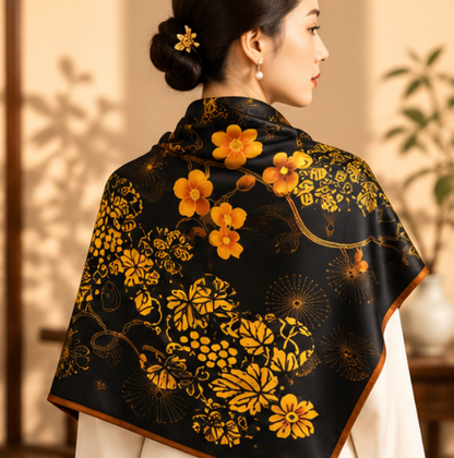 Foulard en soie « Jardin doré de nuit » · 100 % soie de mûrier · 110 × 110 cm