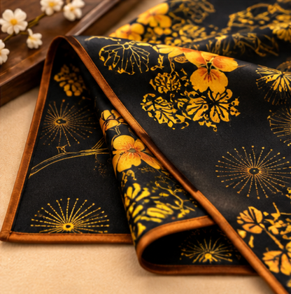 Foulard en soie « Jardin doré de nuit » · 100 % soie de mûrier · 110 × 110 cm