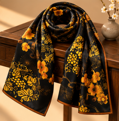 Foulard en soie « Jardin doré de nuit » · 100 % soie de mûrier · 110 × 110 cm