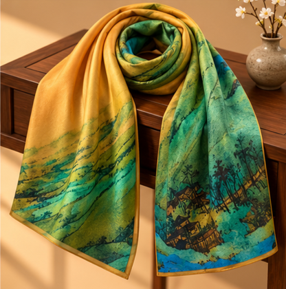 Pañuelo de Seda “Montañas de Jade” · 100% Seda de Morera · 110 × 110 cm
