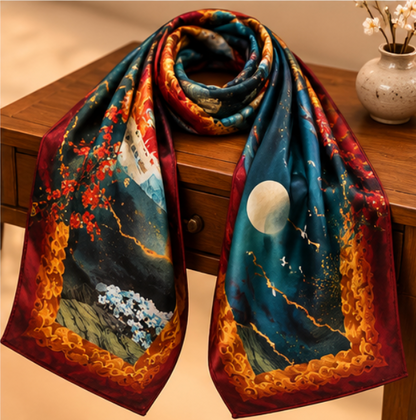 Pañuelo de Seda “Noche de Luna y Ciruelos” · 100% Seda de Morera · 135 × 135 cm