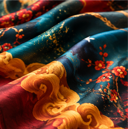 Pañuelo de Seda “Noche de Luna y Ciruelos” · 100% Seda de Morera · 135 × 135 cm