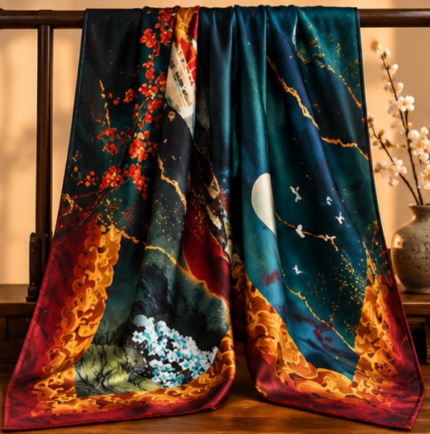 Pañuelo de Seda “Noche de Luna y Ciruelos” · 100% Seda de Morera · 135 × 135 cm