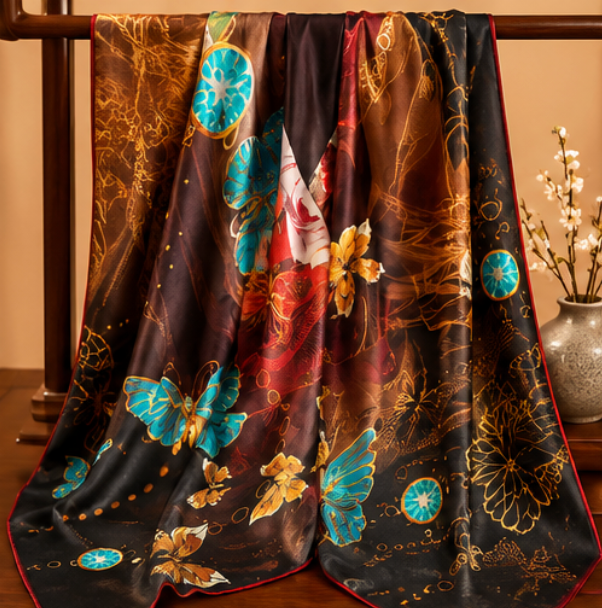 Pañuelo de Seda “Mariposas de Medianoche” · 100% Seda de Morera · 135 × 135 cm