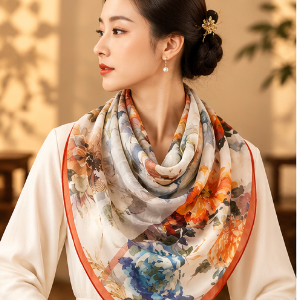 "Watercolor Garden" Silk Scarf · 100% Mulberry Silk · 135 × 135 cm