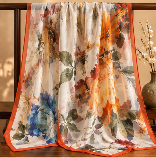 "Watercolor Garden" Silk Scarf · 100% Mulberry Silk · 135 × 135 cm