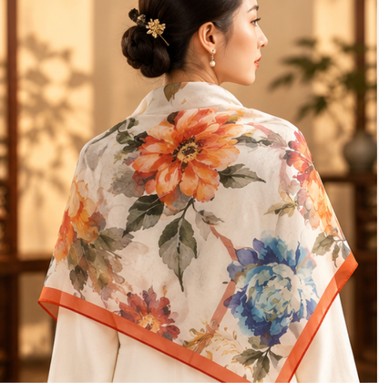 "Watercolor Garden" Silk Scarf · 100% Mulberry Silk · 135 × 135 cm