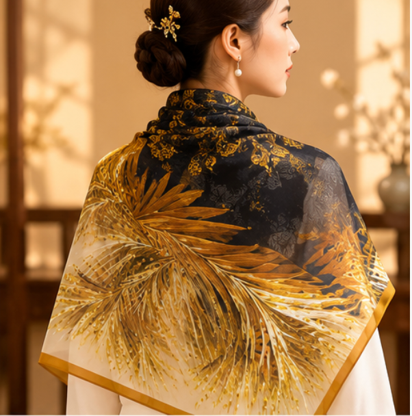 Pañuelo de Seda “Plumas Doradas” · 100% Seda de Morera · 135 × 135 cm