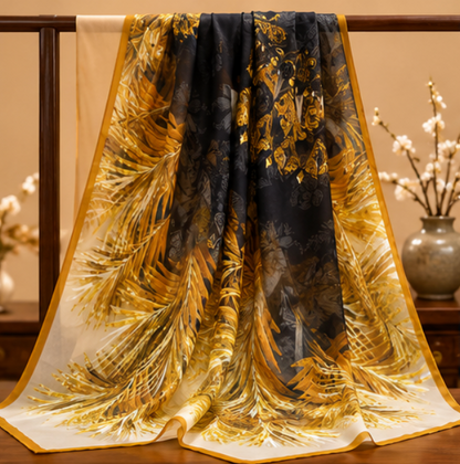 Pañuelo de Seda “Plumas Doradas” · 100% Seda de Morera · 135 × 135 cm