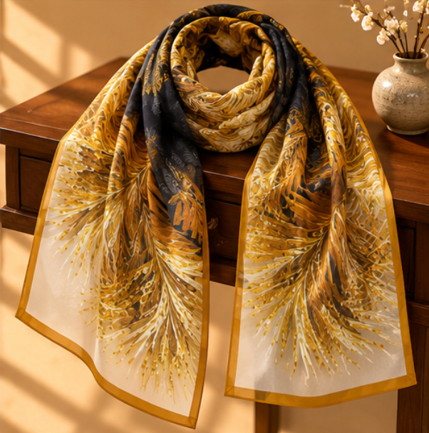 Pañuelo de Seda “Plumas Doradas” · 100% Seda de Morera · 135 × 135 cm