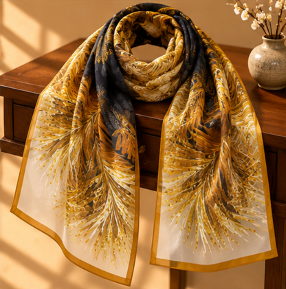 Pañuelo de Seda “Plumas Doradas” · 100% Seda de Morera · 135 × 135 cm