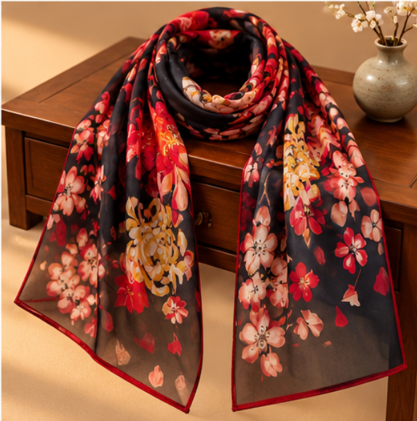 Pañuelo de Seda “Flores de Prosperidad” · 100% Seda de Morera · 135 × 135 cm