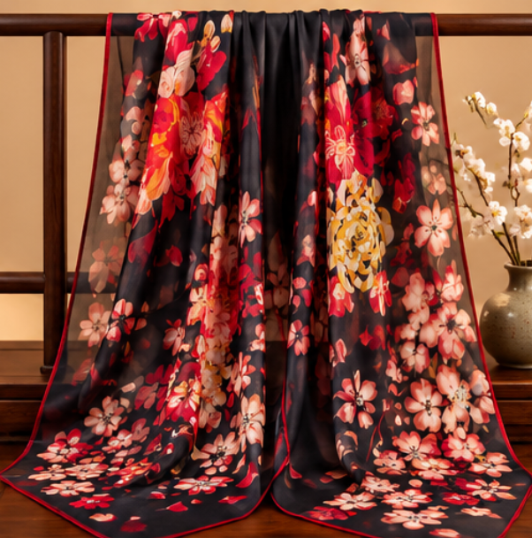 Pañuelo de Seda “Flores de Prosperidad” · 100% Seda de Morera · 135 × 135 cm