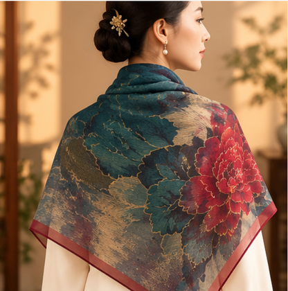Pañuelo de Seda “Peonía Imperial” · 100% Seda de Morera · 135 × 135 cm