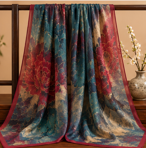 Pañuelo de Seda “Peonía Imperial” · 100% Seda de Morera · 135 × 135 cm