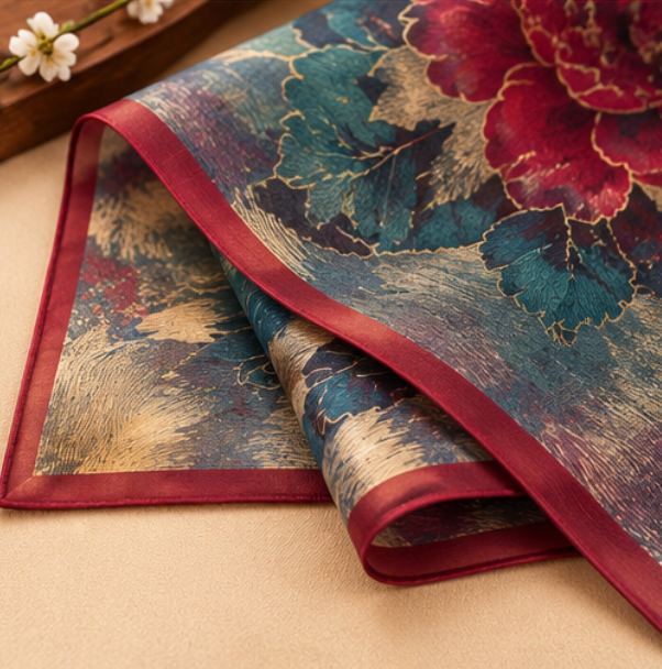 Pañuelo de Seda “Peonía Imperial” · 100% Seda de Morera · 135 × 135 cm