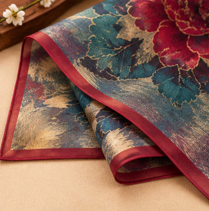 Pañuelo de Seda “Peonía Imperial” · 100% Seda de Morera · 135 × 135 cm