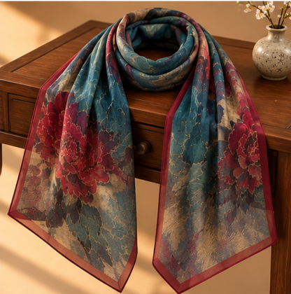Pañuelo de Seda “Peonía Imperial” · 100% Seda de Morera · 135 × 135 cm