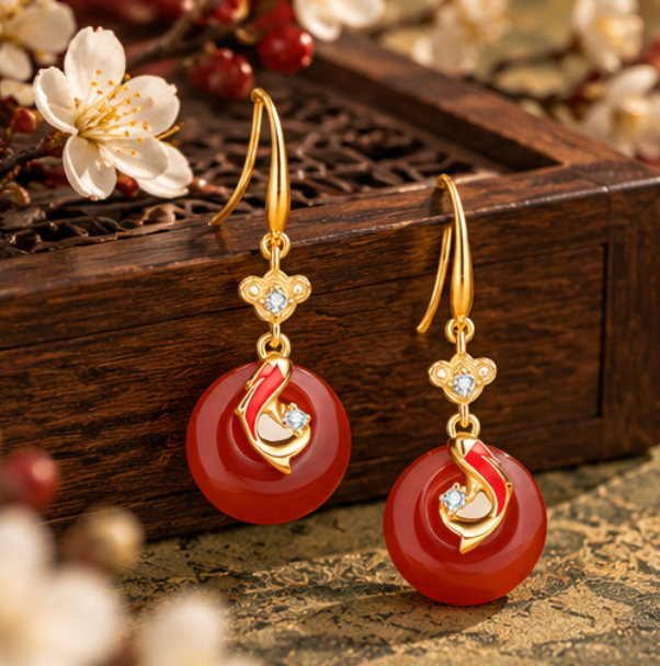 Pendientes Koi de Ágata Roja · Plata 925 bañada en oro