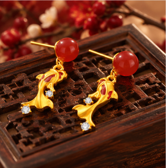 Pendientes Koi de Ágata Roja y Circonitas · Plata 925 bañada en oro