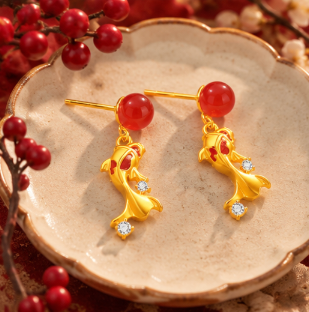 Pendientes Koi de Ágata Roja y Circonitas · Plata 925 bañada en oro
