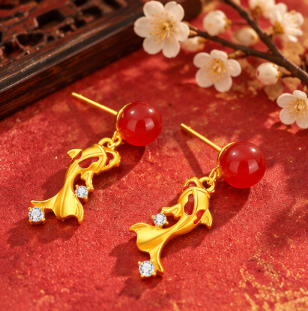 Pendientes Koi de Ágata Roja y Circonitas · Plata 925 bañada en oro