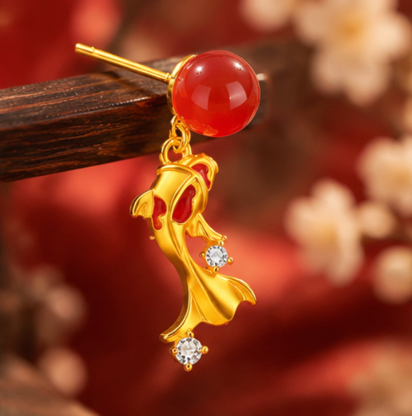 Pendientes Koi de Ágata Roja y Circonitas · Plata 925 bañada en oro