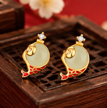 Pendientes Koi de Jade de Hetian · Plata 925 bañada en oro