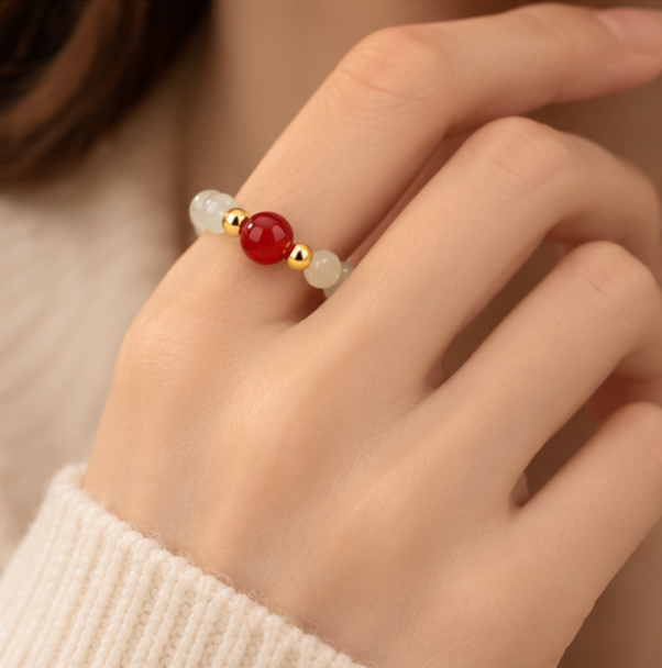 Anello in giada di Hetian e agata rossa · Argento 925 placcato oro