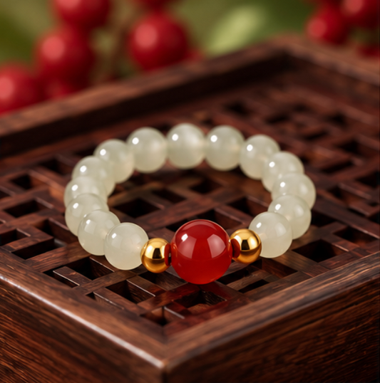 Anillo de Jade de Hetian y Ágata Roja · Plata 925 bañada en oro