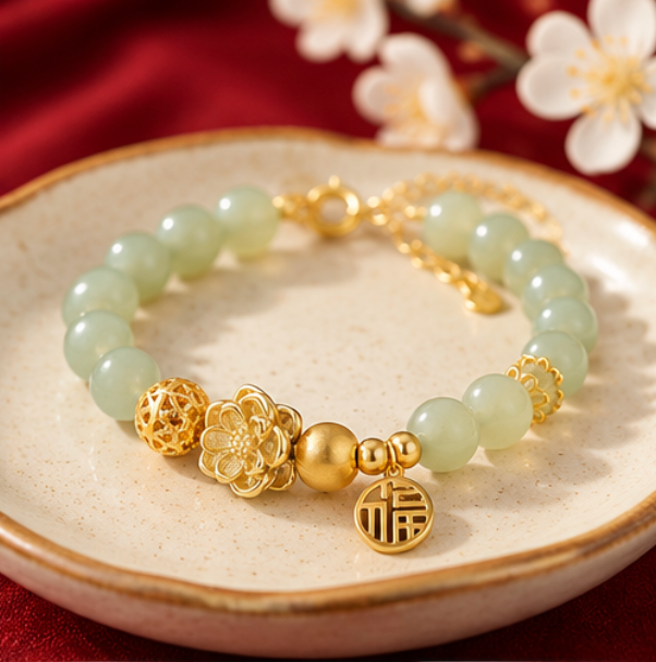 Bracelet en jade de Hetian avec symbole 福 · Argent 925 plaqué or
