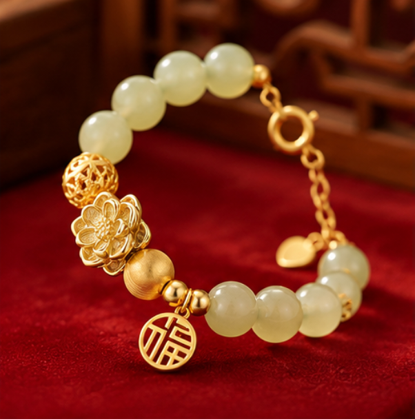 Bracelet en jade de Hetian avec symbole 福 · Argent 925 plaqué or
