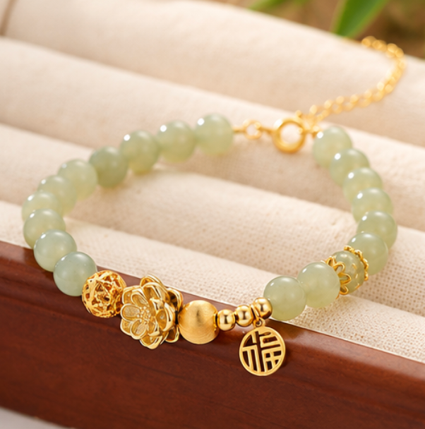 Bracelet en jade de Hetian avec symbole 福 · Argent 925 plaqué or