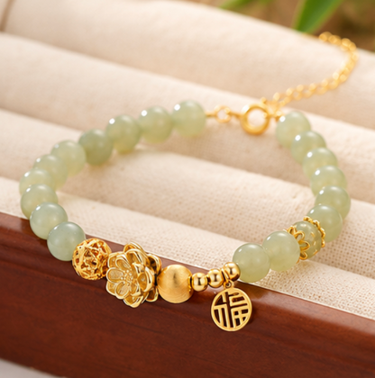 Bracelet en jade de Hetian avec symbole 福 · Argent 925 plaqué or