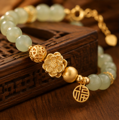 Bracelet en jade de Hetian avec symbole 福 · Argent 925 plaqué or