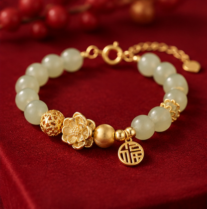 Bracelet en jade de Hetian avec symbole 福 · Argent 925 plaqué or