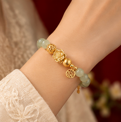 Bracelet en jade de Hetian avec symbole 福 · Argent 925 plaqué or