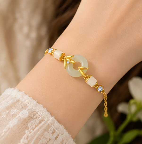 Pulsera de Jade de Hetian con Píng’ān Kòu y Bambú · Plata 925