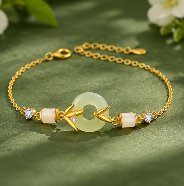 Pulsera de Jade de Hetian con Píng’ān Kòu y Bambú · Plata 925