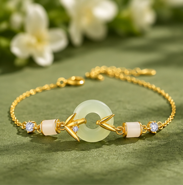 Pulsera de Jade de Hetian con Píng’ān Kòu y Bambú · Plata 925