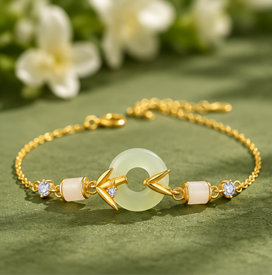 Pulsera de Jade de Hetian con Píng’ān Kòu y Bambú · Plata 925