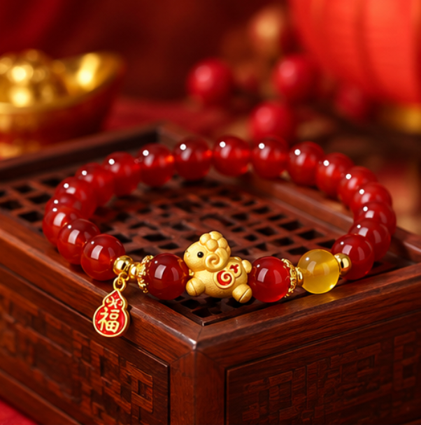 Red Agate Bracelet Year of the Goat 2027 “Attract Wealth and Blessings” · Gold-plated 925 Sterling Silver