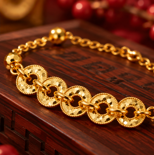 Pulsera Wu Di Qian 五帝钱 · Plata 925 bañada en oro