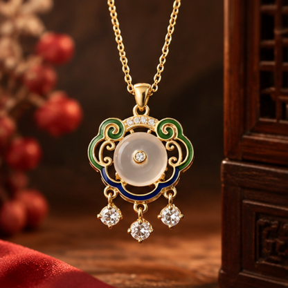 Píng’ān Suǒ Peace Lock Necklace with Chalcedony · 18k Gold-Plated 925 Sterling Silver