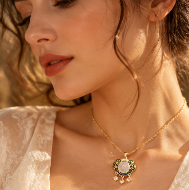 Píng’ān Suǒ Peace Lock Necklace with Chalcedony · 18k Gold-Plated 925 Sterling Silver