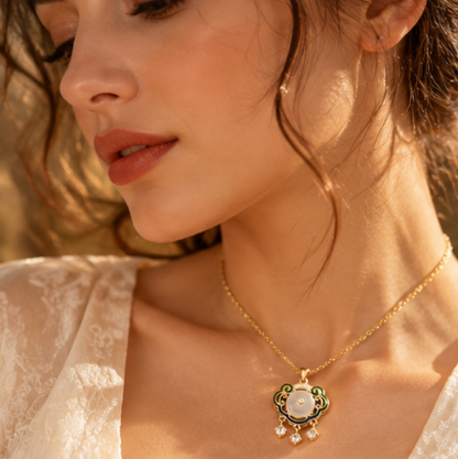 Píng’ān Suǒ Peace Lock Necklace with Chalcedony · 18k Gold-Plated 925 Sterling Silver